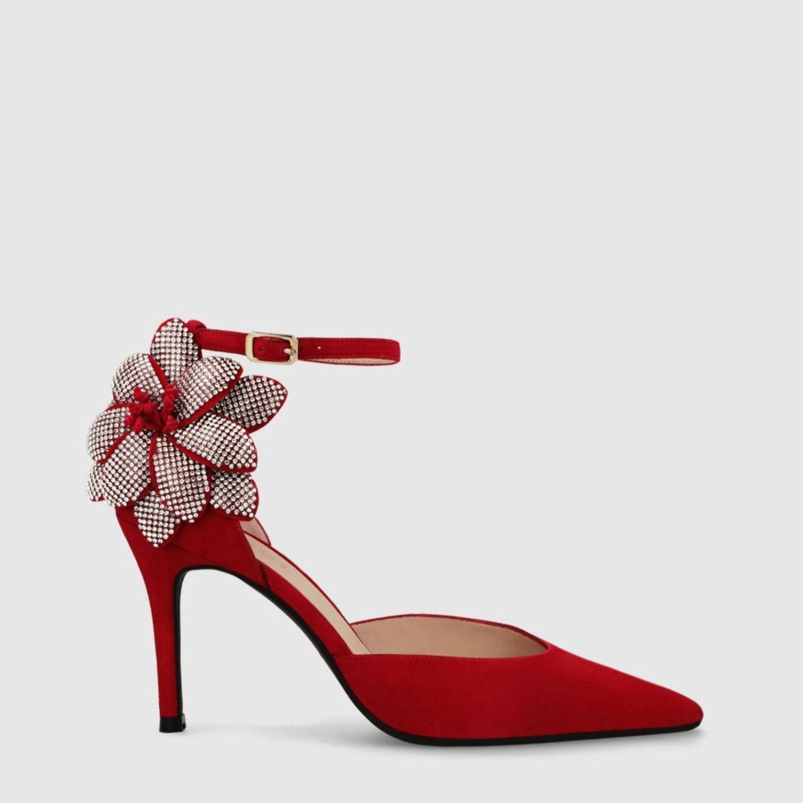 Shoes Lodi | Lodi Solin Red Suede Court With Crystal Flower