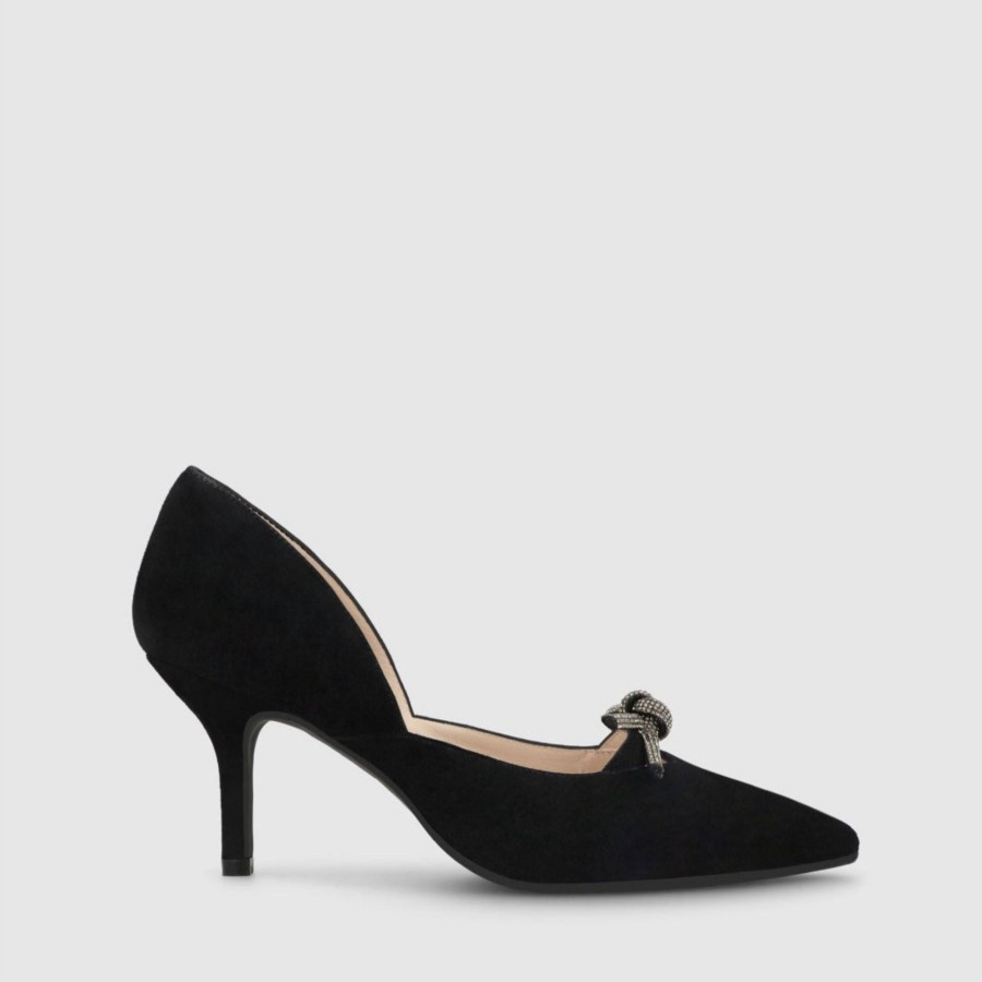 Shoes Lodi | Lodi Misu Black Suede Low Heel Court With Bow Detail