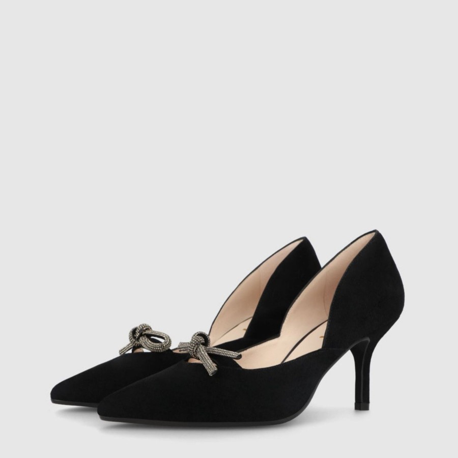 Shoes Lodi | Lodi Misu Black Suede Low Heel Court With Bow Detail